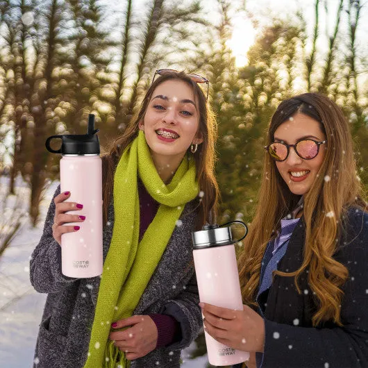 22 Oz Double-walled Insulated Stainless Steel Water Bottle with 2 Lids and Straw-Pink