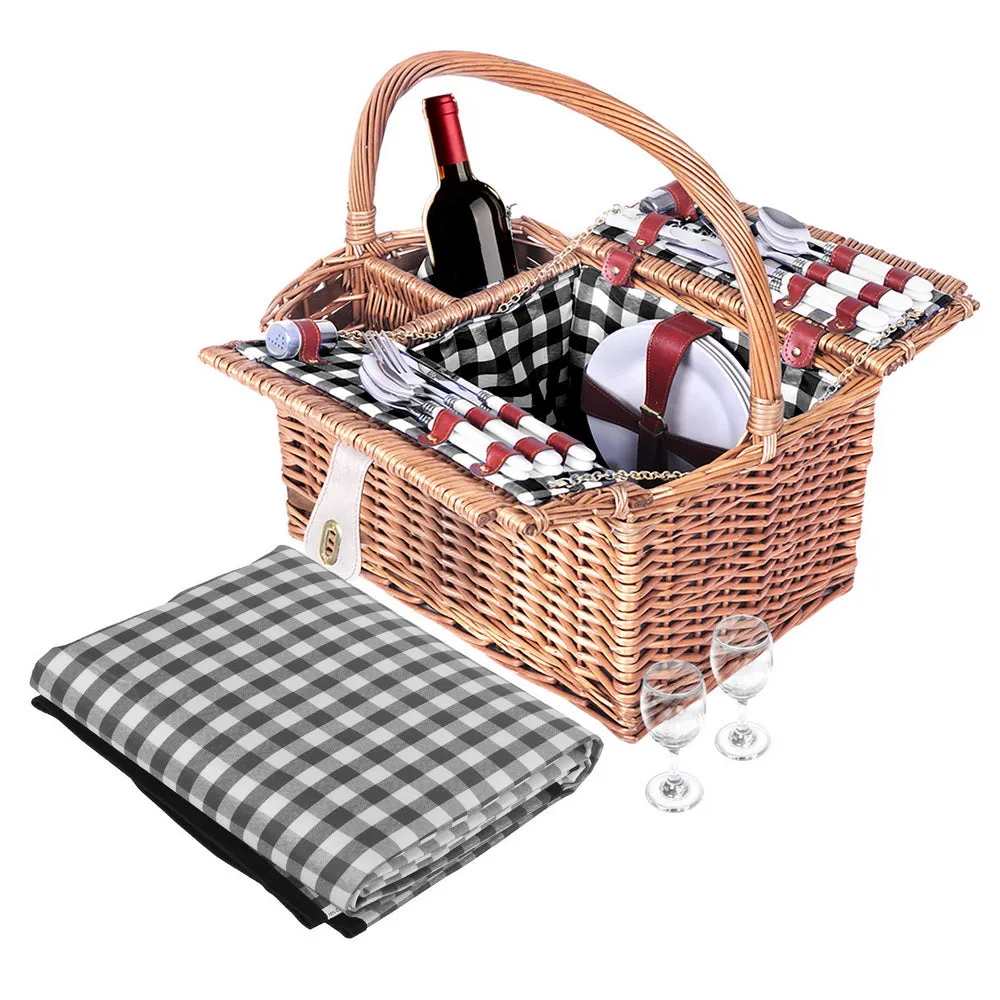 Alfresco 4 Person Picnic Basket Set Basket Outdoor Insulated Blanket Deluxe