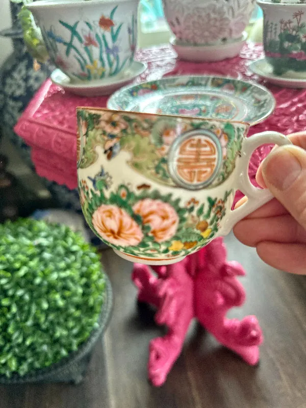 Antique Tea Cup and Saucer, Rose Medallion China, Fine Porcelain