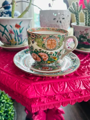 Antique Tea Cup and Saucer, Rose Medallion China, Fine Porcelain