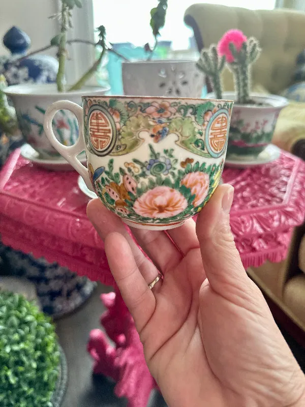 Antique Tea Cup and Saucer, Rose Medallion China, Fine Porcelain