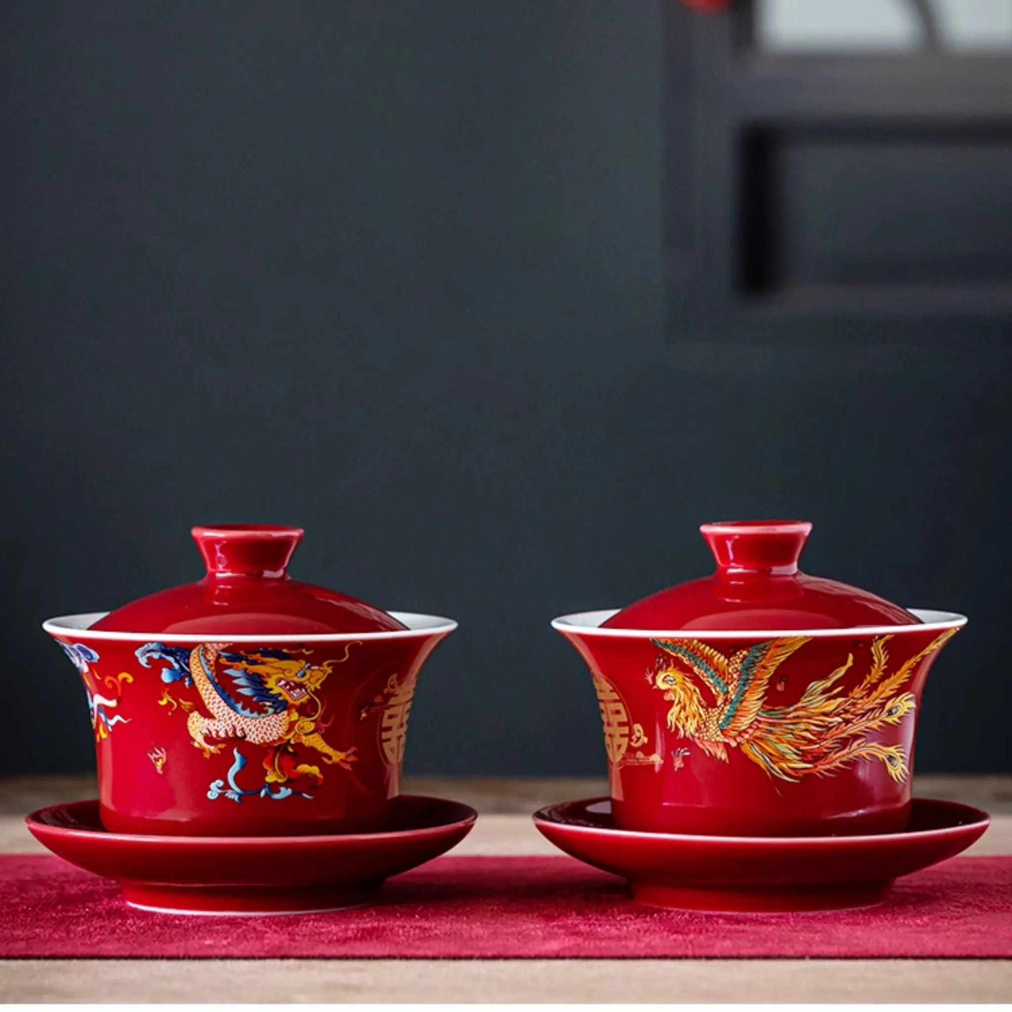 Auspicious Dragon Phoenix Red Glossy Tea Set 囍