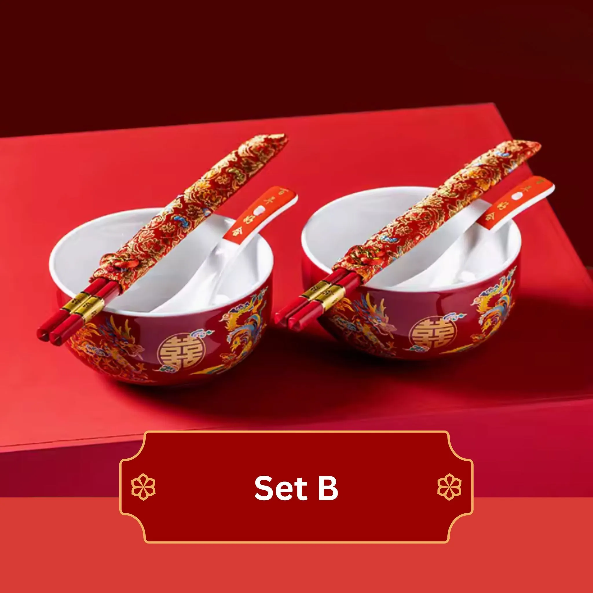 Auspicious Dragon Phoenix Red Glossy Tea Set 囍