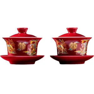 Auspicious Dragon Phoenix Red Glossy Tea Set 囍