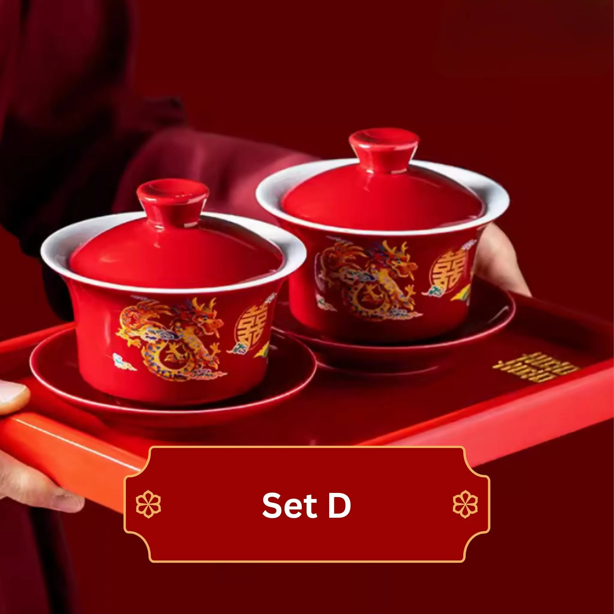 Auspicious Dragon Phoenix Red Glossy Tea Set 囍