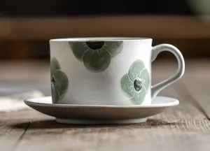 Cappuccino Coffee Cup, Spring Flower Coffee Cup, Rustic Tea Cup, Pottery Coffee Cups, Coffee Cup and Saucer Set