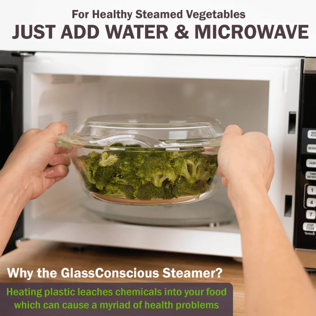 Glass Microwave Vegetable Steamer | 100% Glass, Oven-Safe, Plastic-Free, BPA-Free, and Silicone-Free