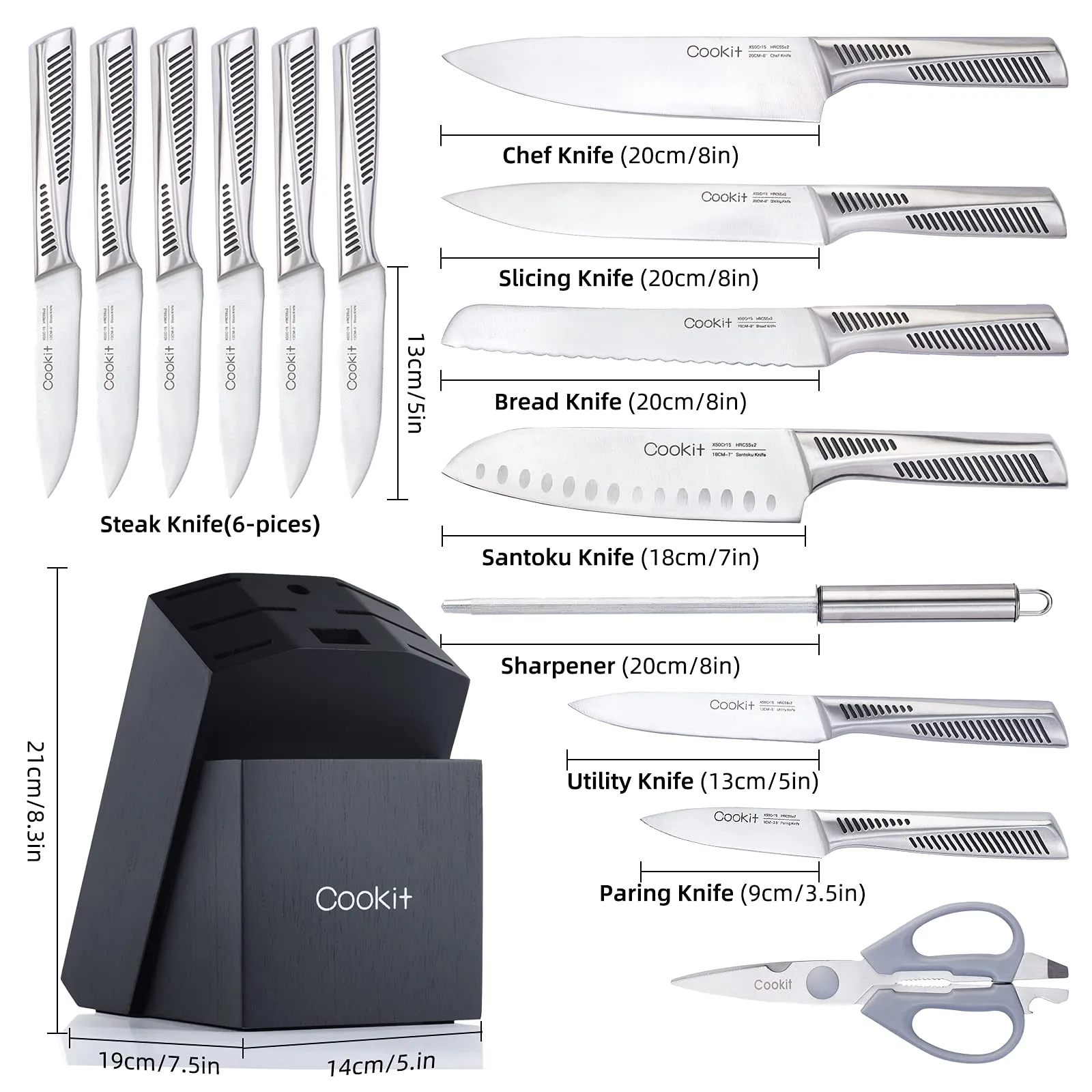 Kitchen Chef Knife Set, 15 Piece stainless steel  Knife Sets with Block,