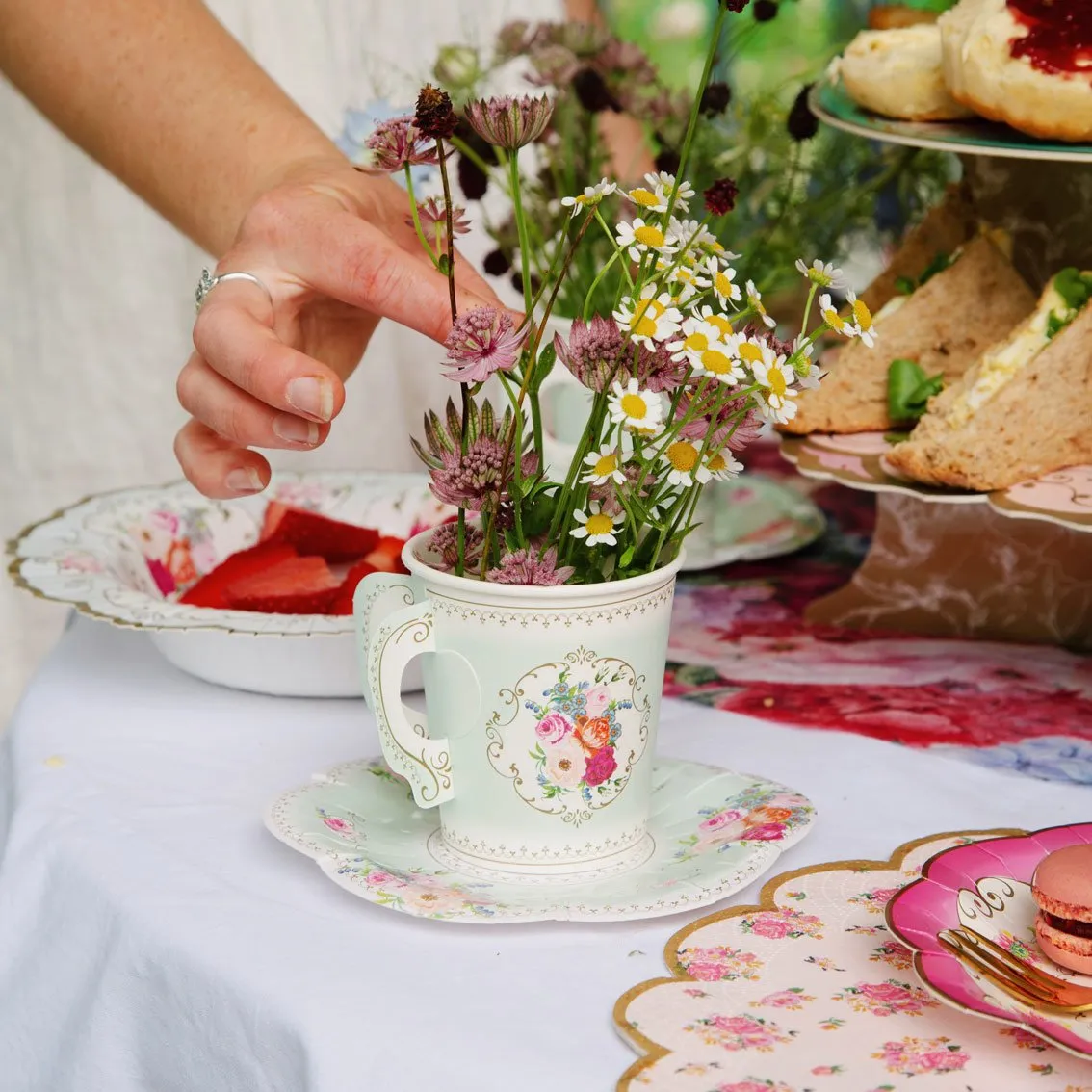 Mint Green Floral Paper Teacup & Saucer set - 12 pack