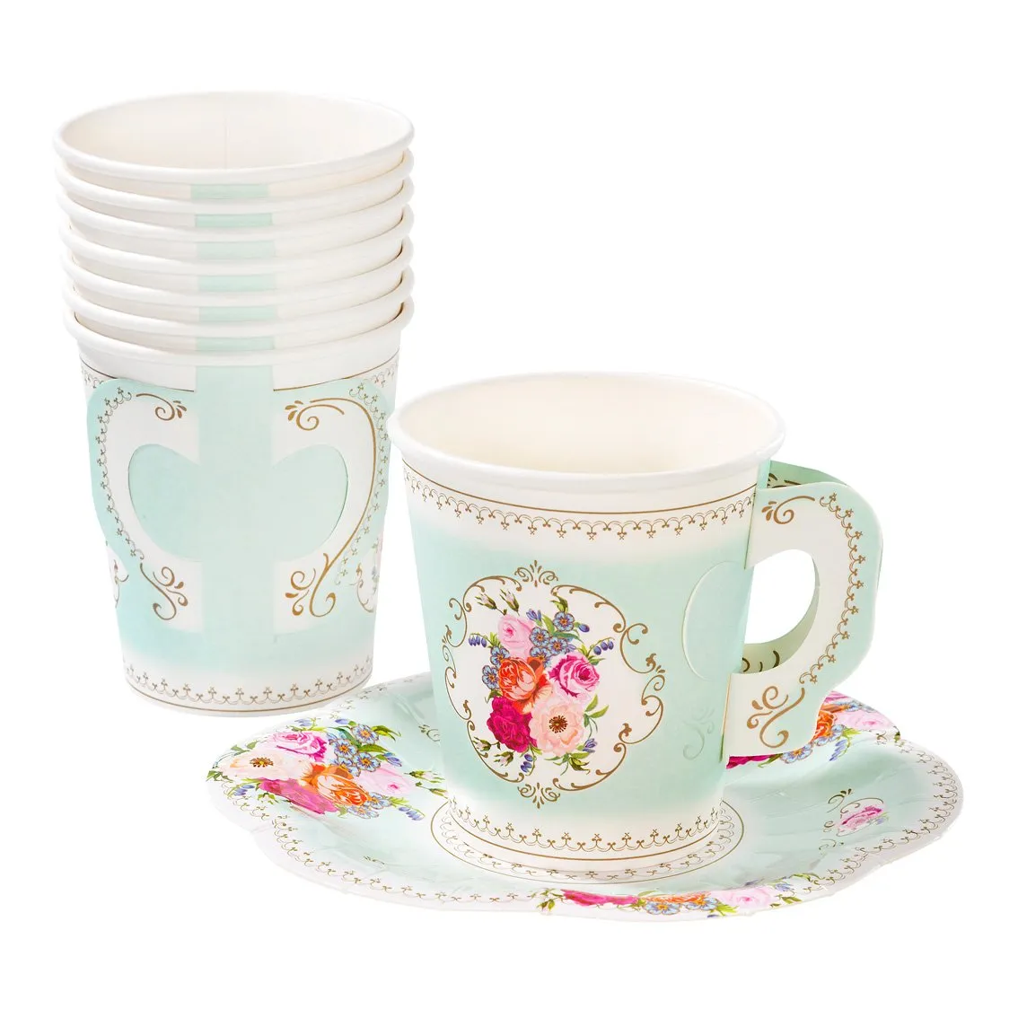 Mint Green Floral Paper Teacup & Saucer set - 12 pack