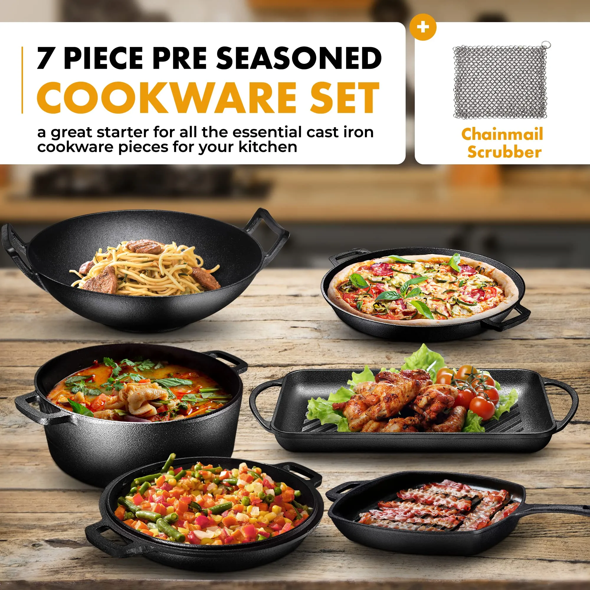 Pre Seasoned Cast Iron 7 Piece Bundle Gift Set, Double Dutch, Rectangular grill Pan, Wok