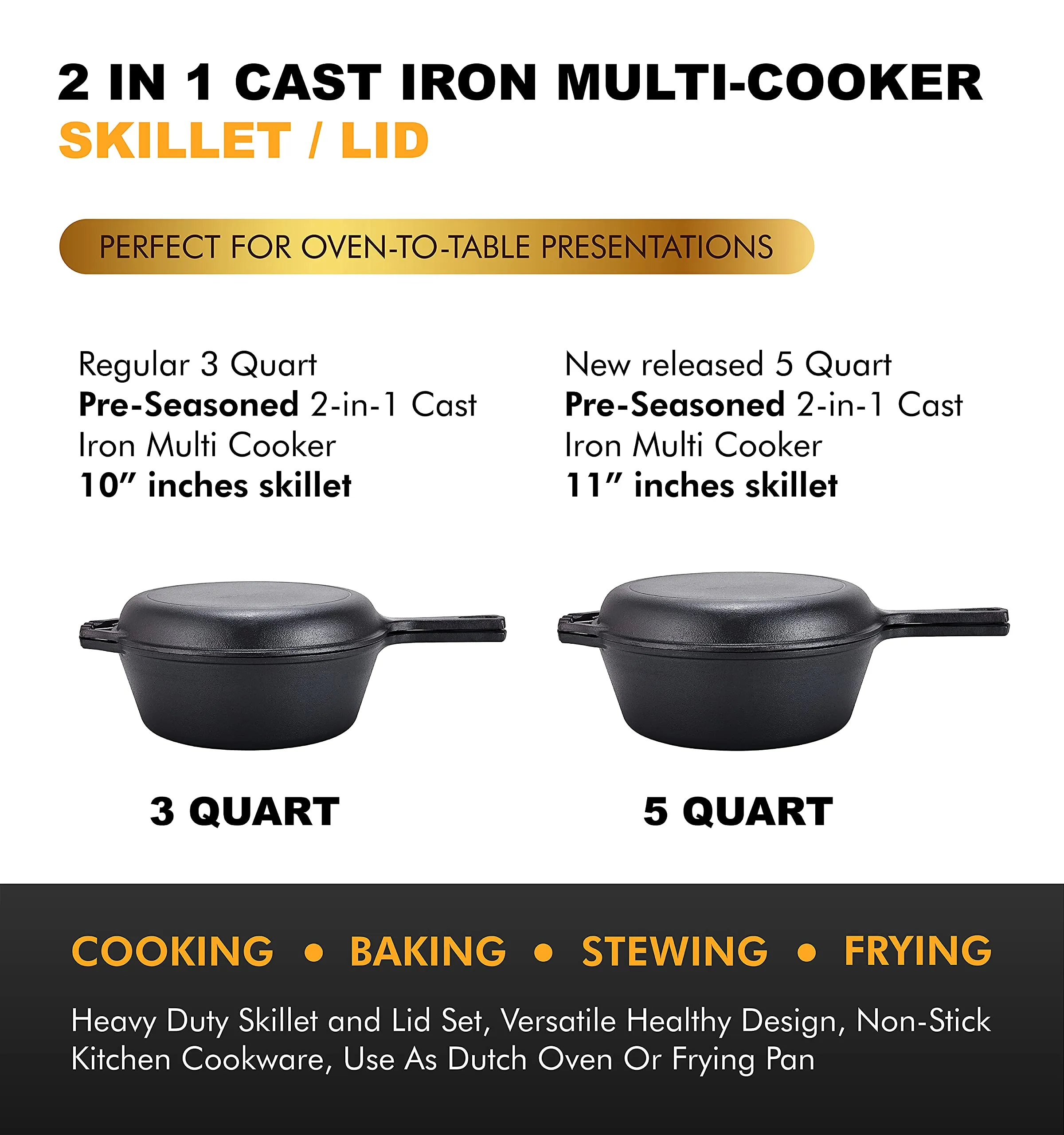 PreSeasoned 2-In-1 Cast Iron Multi-Cooker Heavy Duty Skillet And Lid Set, Versatile