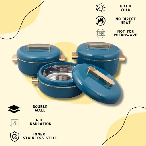 RISHABH Insulated Serving Premium Casserole Set with Lid (1500, 2000, 2500 ml) (Teal Blue)