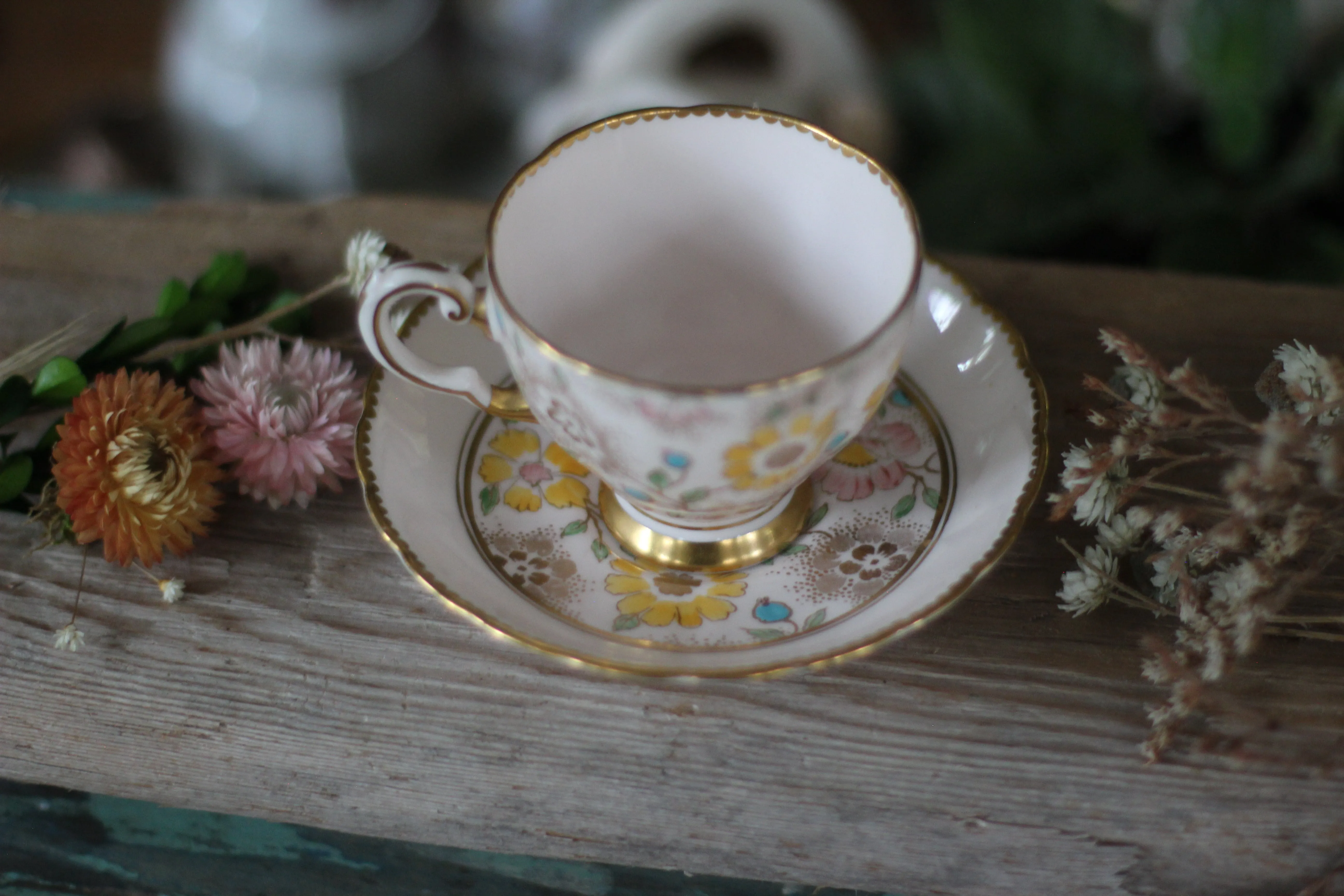 Vintage Pink Floral Plant Tuscan Tea Cup Set